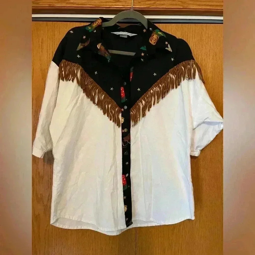 Vintage Lilia Smitty Fringe western gold detail shirt M